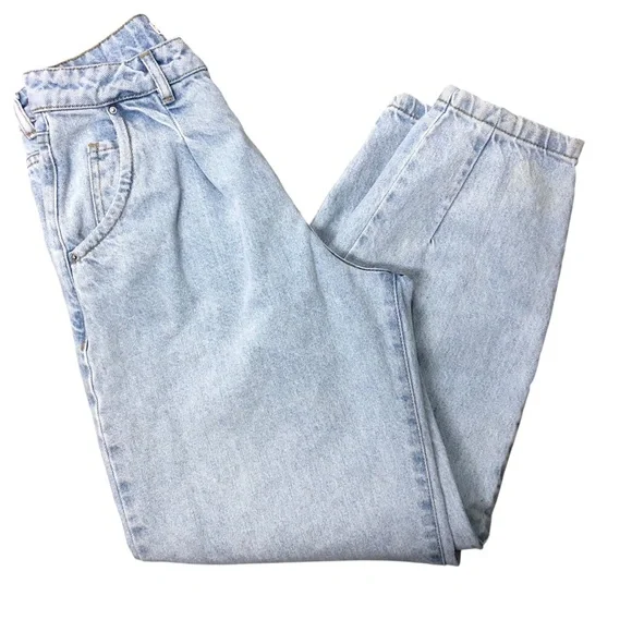 Zara Pleated Slouchy Barrel Leg Jeans Sz 0 Light Wash High Rise 100% Cotton - Picture 3 of 8